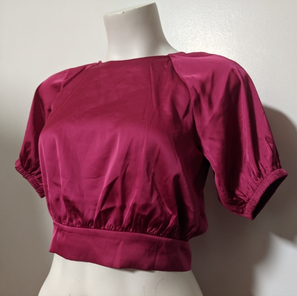 2/$25 Magenta Pink Satin Puff Sleeve Cropped Blouse Ribbon Tie Open Back - Picture 2 of 5